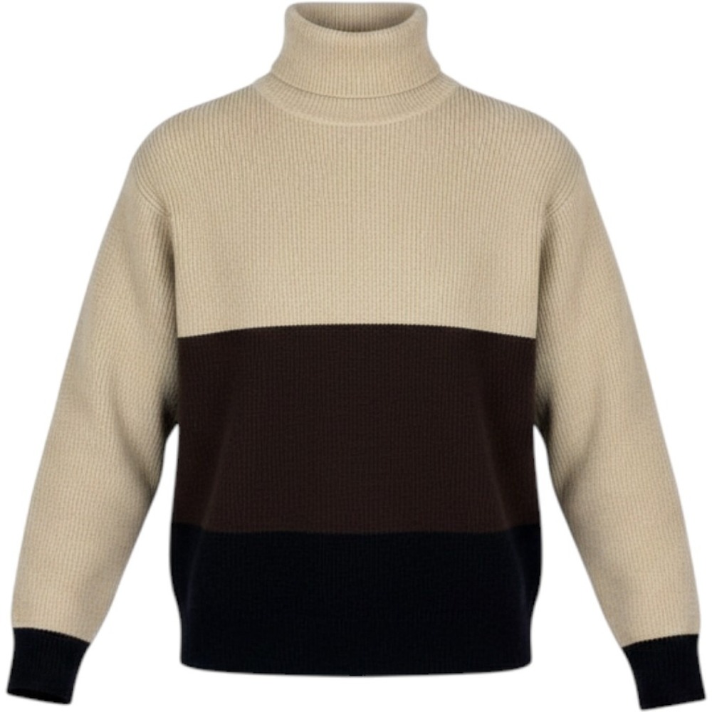 Silvia Novelli Turtleneck L Tan Colorblock Merino Wool Italian Ribbed Sweater